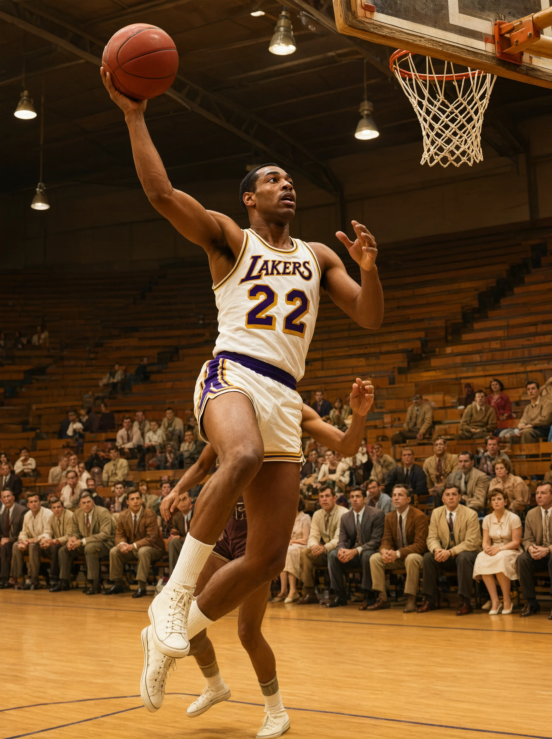 身穿白色"LAKERS"22号球衣的球员在老式体育馆内跃起，单手高举篮球准备上篮，身后有球员防守；背景是木质看台上身着复古服装的观众，上方可见篮筐与吊灯。