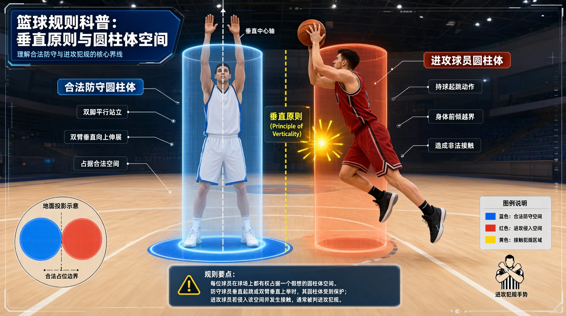 篮球规则示意图：白衣球员双脚站稳、双臂垂直上举，身围蓝色半透明圆柱体；红衣球员持球起跳，身围橙色圆柱体；两者间以虚线与碰撞符号标示边界，旁附标注与投影图例。